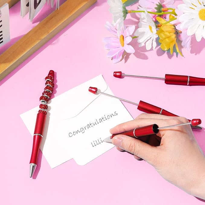 jiebor 30Pcs Red Beadable Pens Plastic Bead Pen Black Ink Ballpoint Pens Diy Pens Cute Cool Pens for Teacher Bridal Graduation Gift Office School Supplies