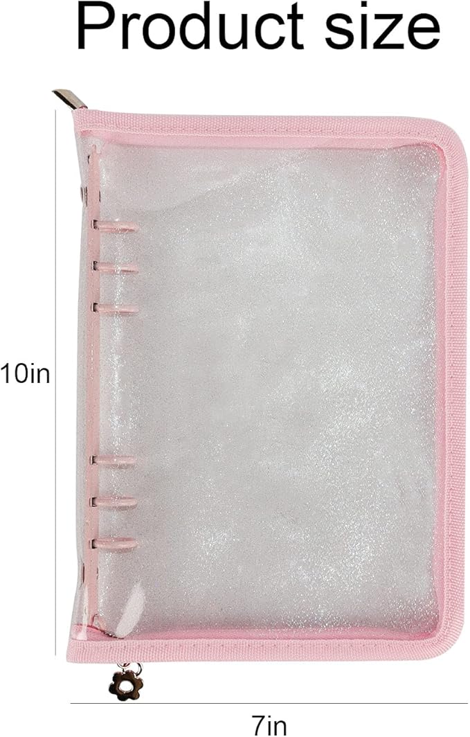 Multibey A5 Binder Cover Clear Soft PVC 6-Ring Binder Cash Budget Evelopes System with Zipper Planner Organizer Refillable Notebook Journal Binder (Pink, A5)
