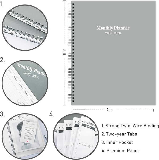 2025-2026 Monthly Planner/Calendar - 2 Year Planner 2025-2026, Monthly Tabs, 9ββ Γ 11ββ, Jan. 2025 - Dec. 2026, Hard Cover, Inner Pocket - Grey
