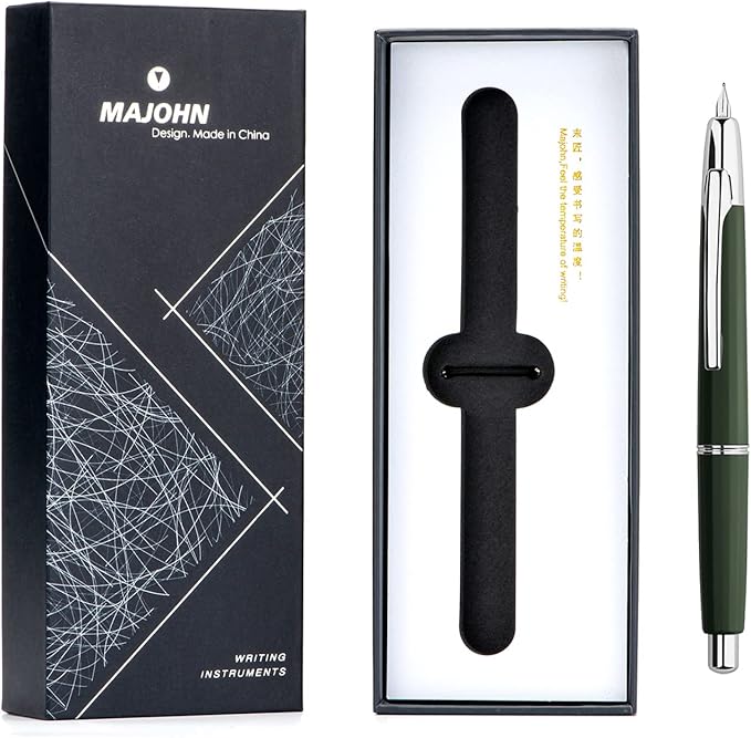 Majohn A2 Press Fountain Pen Extra Fine Nib with Box, Retractable Green Resin Ink Pen with Converter Writing Pen Set (Silver Clip Version)