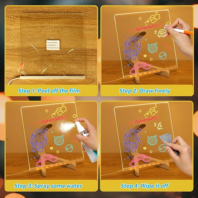 LED Note Board with Colors,LED Drawing Pad with 7 Color Pen,Light Up Acrylic Message Board with Adjustable Stand,Acrylic Dry Erase Board with Light for Office School Home,Gift for Kids(8"x8")