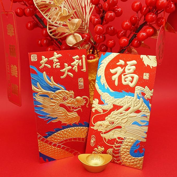 Chinese New Year Red Envelopes 2024 Dragon Lucky Money Envelopes Hongbao 红包 Laisee Embossed Foil Chinese Lunar Envelopes for Spring Festival (6 Patterns 36 Pcs)