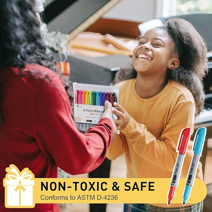 TOWON Permanent Markers 12 Assorted Colors - Waterproof Colored Fine Tip Pens Set, Home Office School Supplies for Kids, Adults Coloring