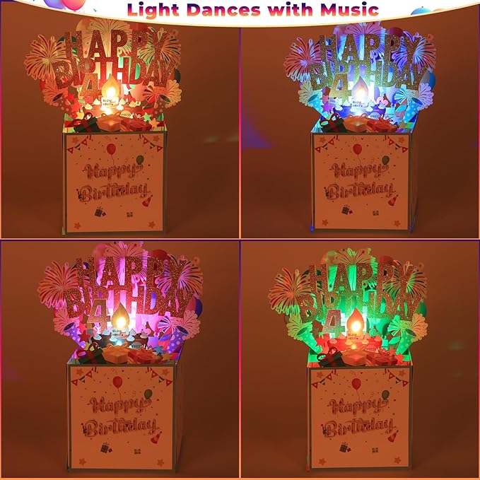 Tnvee 4TH Birthday Cards with Lights Music, 3D Pop Up Singing Happy Birthday Greeting Cards Gifts Ideal for 4 Year Old Kids Boy Girl