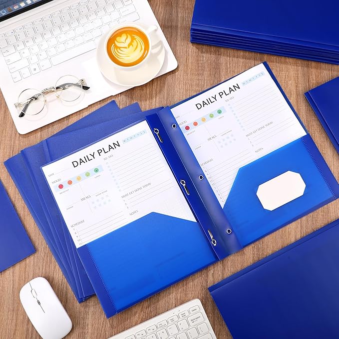 Cholemy 6 Pcs Plastic Pocket Folders with Prong 2 Heavy Duty Pockets Folders with 3 Prongs Letter Size Paper Folders Bulk File Plastic Folders with Fasteners for Office Workers (Blue)