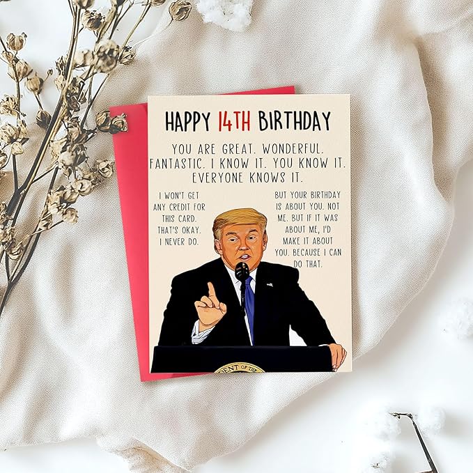 Funny Trump 14th Birthday Card for Boy Girls, Best 14 Year Old Birthday Gift for Son Daughter, Unique Birthday Decorations for Grandson Granddaughter, Coolest Trump Birthday Card for Him Her