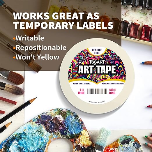 White Art Tape Medium Tack - Masking Artists Tape for Drafting Art Watercolor Painting Canvas Framing - Acid Free 1inch Wide 180FT Long