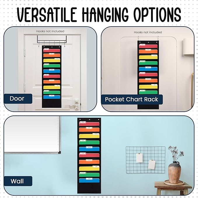 10 Pocket File Pocket Chart, Black, 14" Wide x 47" Tall - Versatile Wall Hanging File Folder Organizer for Classroom, Office, Home, and More - Wall Folder Organizer - 10 Pockets