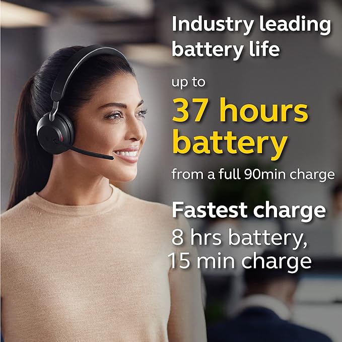 Jabra Evolve2 65 UC Wireless Headset with Link380c, Mono, Black – Wireless Bluetooth Headset for Calls and Music, 37 Hours of Battery Life, Passive Noise Cancelling Headphones