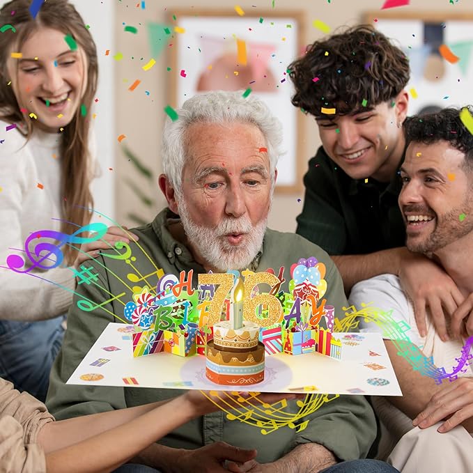Gumry 76TH Musical Birthday PopUp Card, Blowable Colorful Light Candle 3D Cards with Song, Applause Cheers Sound, Greeting Cards Birthday Gifts Decorations for Women Men Turning 76 Years Old