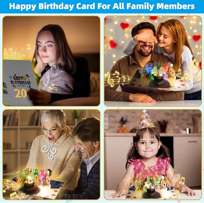 Gumry 28TH Musical Birthday PopUp Card, Blowable Colorful Light Candle 3D Cards with Song, Applause Cheers Sound, Greeting Cards Birthday Gifts Decorations for Women Men Turning 28 Years Old