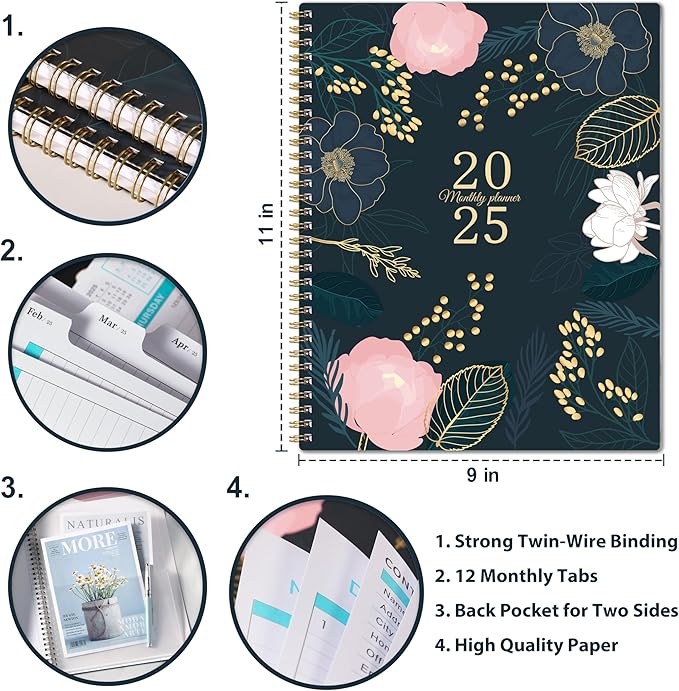 2025 Monthly Planner - Monthly Planner/Calendar 2025, Jan 2025 - Dec 2025, 9ββ x 11'', Monthly Tabs, Double-Sided Pockets, Twin-Wire Biding, Holidays, Notes Pages, Julian Dates