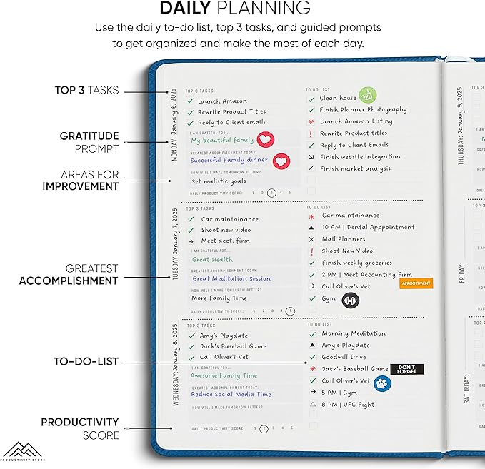 PRODUCTIVITY STORE Pro - Undated, 2025 Planner, 5.8” x 8.3” - The #1 Productivity Planner to Achieve Your 2025 Goals - Planner 2025-2026 - Navy - A5