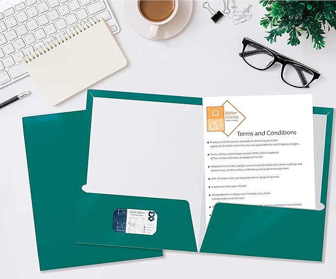 Better Office Products 2 Pocket Glossy Laminated Teal Paper Folders, Box of 25, Letter Size, Teal Paper Portfolios 25 Pack