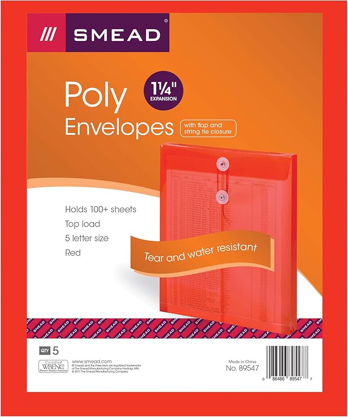 Smead Poly Envelope, 1-1/4" Expansion, String-Tie Closure, Top Load, Letter Size, Red, 5 per Pack (89547)