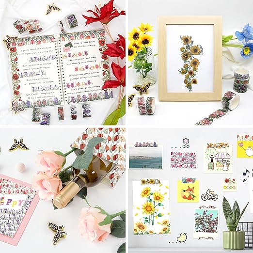 Flower Washi Tape Set, 34 Rolls Floral Tapes for Journaling Supplies, 25mm and 15mm Decorative Tape for Crafts, Christmas Gifts for Moms, Girlfriends, Kids (Rose, Sunflower, Lavender)