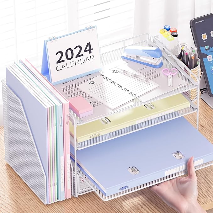 Desk Organizers and Accessories, Desk Accessories & Workspace Organizers for Office Supplies, File Organizer Desk Drawer Organizer with 2 Pen Holders, 4 Tier Paper Organizer for Desk(White)