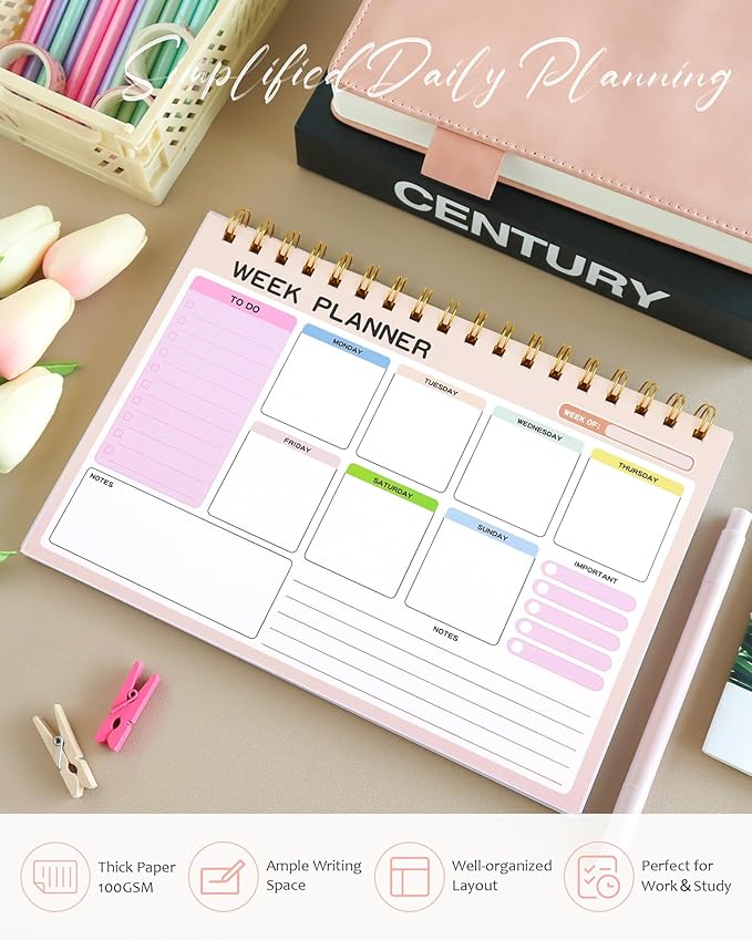 Weekly To Do List Notepad with 52 Undated Tear Off Sheets(6.5"×9.5"), Desk Notepad with Multiple Sections, Planning Notepad Calendars for Student Office and Homes