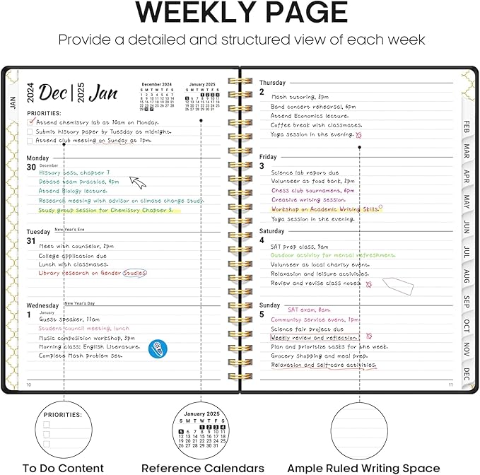 2025 Planner - Weekly and Monthly Planner Spiral Bound, January 2025 - December 2025, Hardcover 2025 Calendar Planner Book with Tabs, Inner Pocket, Perfect for Office Home School Supplies - A5 (6.3" x 8.5"), Black