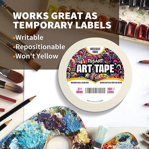 White Art Tape Medium Tack - Masking Artists Tape for Drafting Art Watercolor Painting Canvas Framing - Acid Free 1/2Inch/ 0.5inch Wide 180FT Long