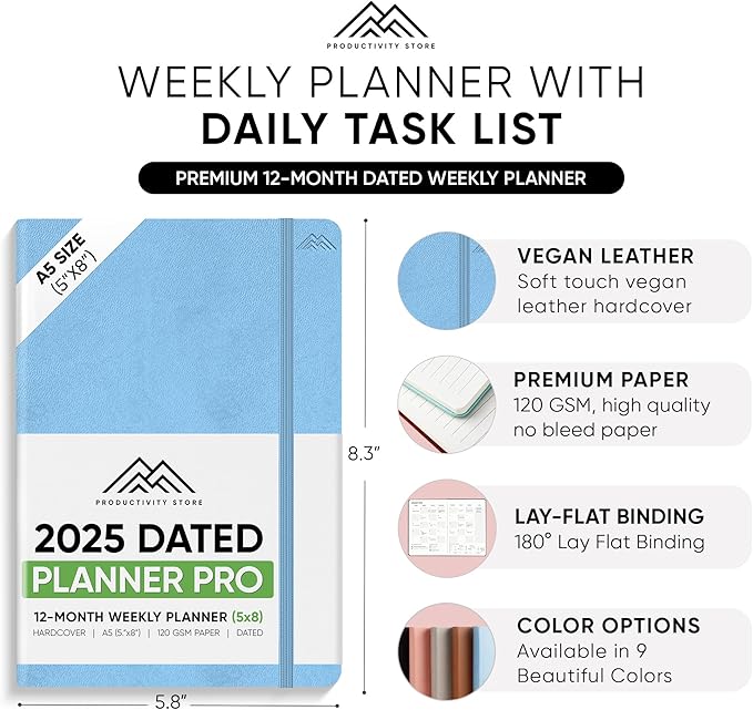 PRODUCTIVITY STORE Pro - Dated, 2025 Planner, 5.8” x 8.3” - The #1 Productivity Planner to Achieve Your 2025 Goals - Planner 2025-2026 - Blue - A5