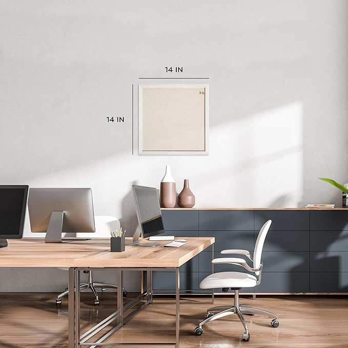 U Brands Rustic Linen Bulletin Board, 14"x14", White Wood Style Frame, Industrial Grade Pinning Surface, includes Push Pins