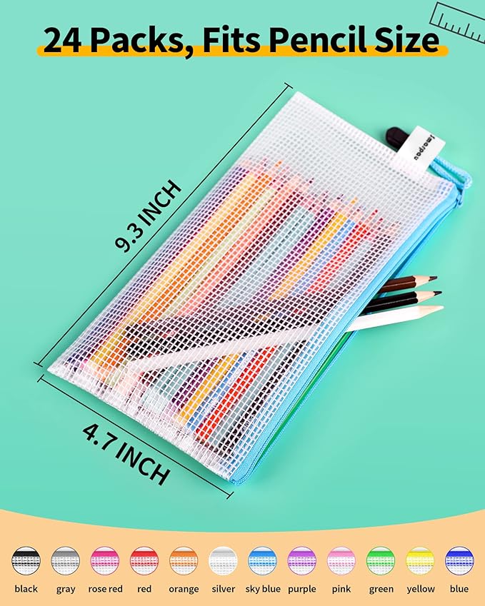 Smarpau 24PCS Pencil Pouches Bulk, 9.3" x 4.7"Mesh Zipper Pouch Pencil Case, 12 Colors Waterproof Small Zipper Pouches for Travel, Cosmetics, Office Organization