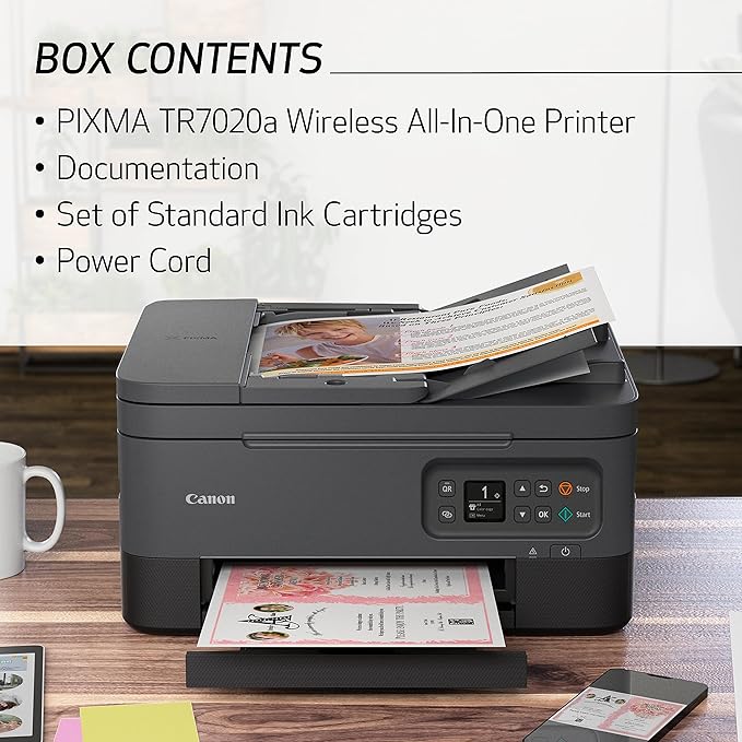 Canon PIXMA TR7020a All-in-One Wireless Color Inkjet Printer, with Duplex Printing, Mobile Printing, and Auto Document Feeder, Black, Works with Alexa