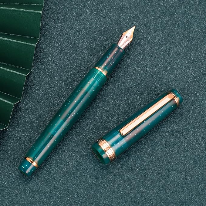 Jinhao 82 Acrylic Fountain Pen, Iridium Bent Nib with Ink Converter, Transparent Peacock Blue Fluorescent Classic Design Calligraphy Pen (Gold Trim)