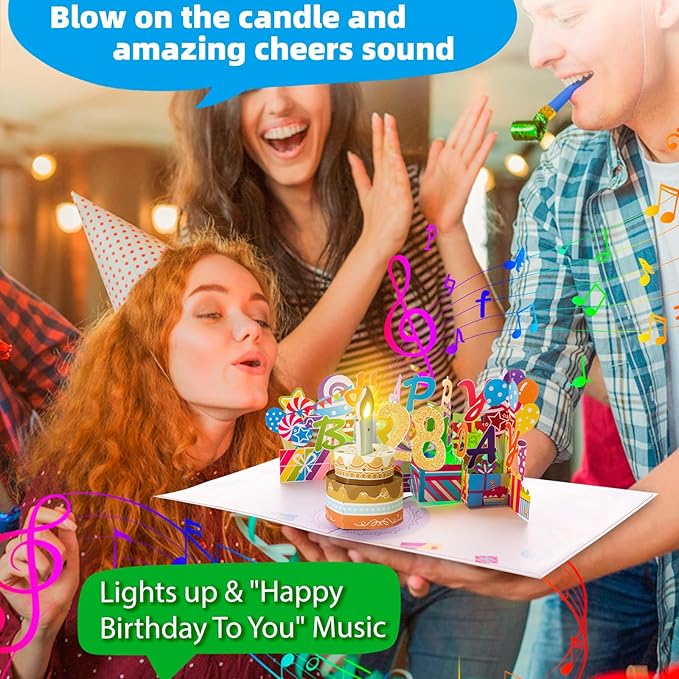 Gumry 28TH Musical Birthday PopUp Card, Blowable Colorful Light Candle 3D Cards with Song, Applause Cheers Sound, Greeting Cards Birthday Gifts Decorations for Women Men Turning 28 Years Old