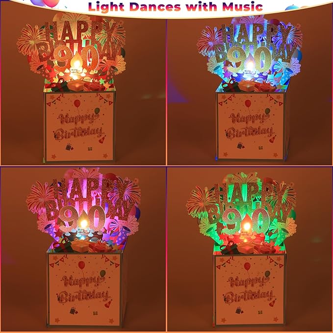 Tnvee 90TH Birthday Cards with Lights & Music & Candle, 3D Large Pop Up Happy Birthday Cards for Women Man Greeting Cards Decorations for 90 Years Old Mom Dad Grandparents