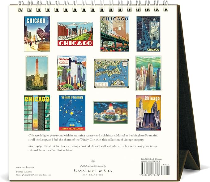 Cavallini 2025 Vintage Chicago Easel Desk Calendar, 6 x 6.5 Inches, 12 Month Page-A-Month Standing Desk Calendar, Vintage-style Chicago Illustrations, Small and Cute Desktop Flip Calendar 2025