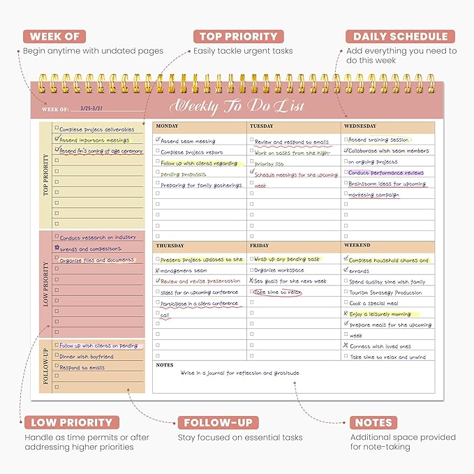 Weekly To Do List Notepad with 52 Undated Sheets(8.5"×11")- Undated Weekly Planner Notepad for Office Desk Accessories and Supplies - Sunshine Petal