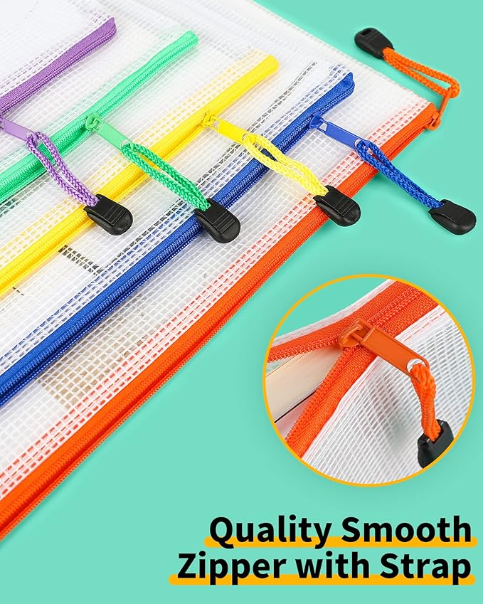 Smarpau A4/Letter Size Zipper Pouch, 24 Pack 12 Colors 13.3" x 9.4" Plastic Zipper Bags for Organizing, Multipurpose Waterproof Mesh Zipper Pouches for Travel, Office, Home Storage