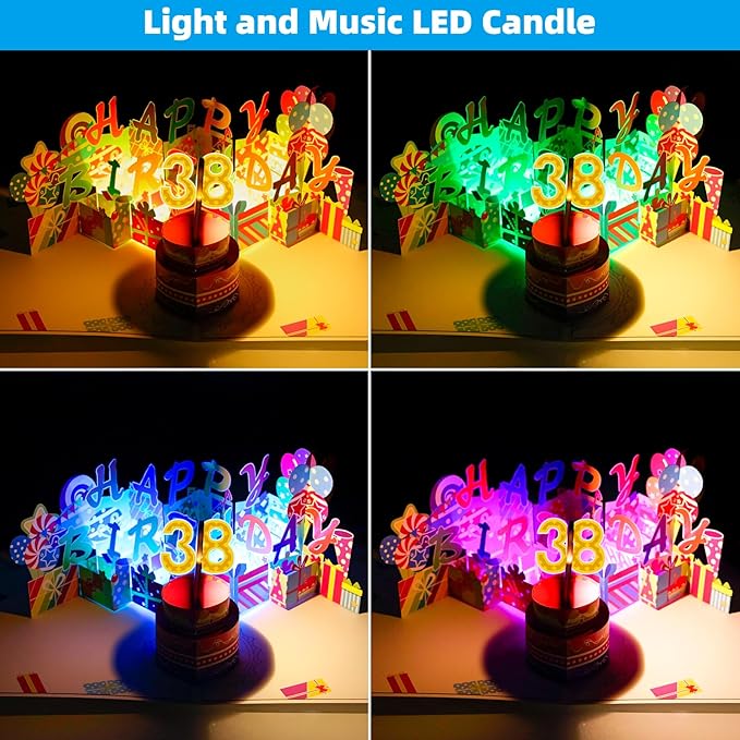 Gumry 38TH Musical Birthday PopUp Card, Blowable Colorful Light Candle 3D Cards with Song, Applause Cheers Sound, Greeting Cards Birthday Gifts Decorations for Women Men Turning 38 Years Old