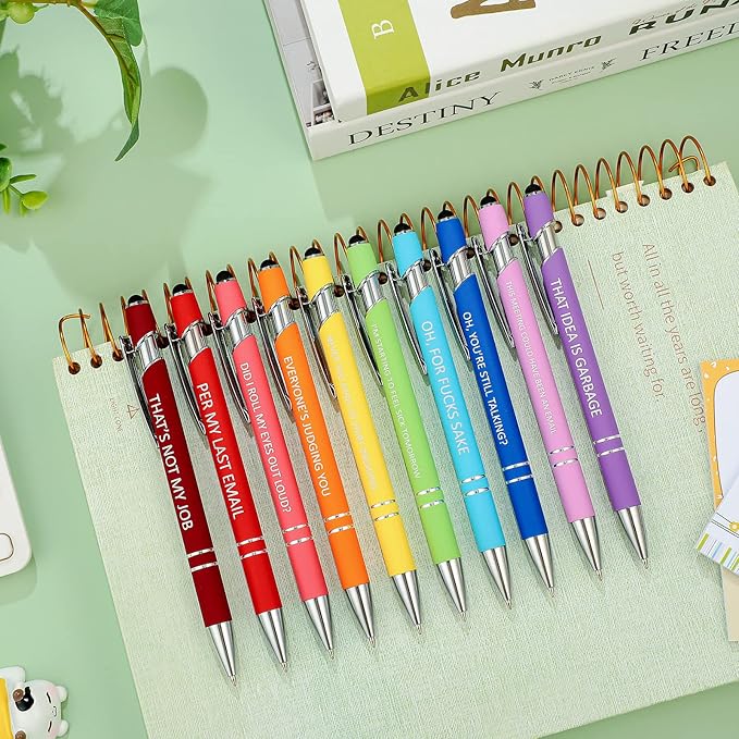 Eersida 10 Pcs Snarky Office Pens Funny Insulting Pens Arcastic Negative Quotes Ballpoint Macaron Touch Stylus for Office, Black Ink