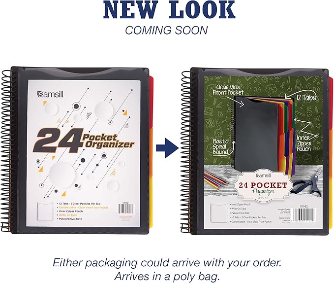 Samsill 2 Pack Deluxe 24 Pocket Spiral Project Organizer with Inner Zipper Pouch, Customizable Front Cover, 12 Dividers with Erasable Write-On Tabs in Assorted Colors, Plastic Folders with Pockets