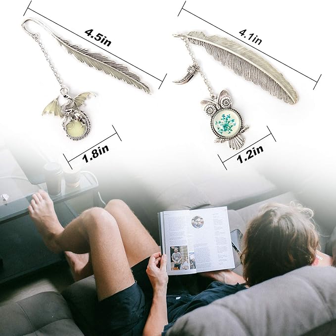 2 Pack Vintage Feather Metal Bookmark, Unique Glow in The Dark Bookmark Gift for Men Women(Dragon & Owl Antique Silver)