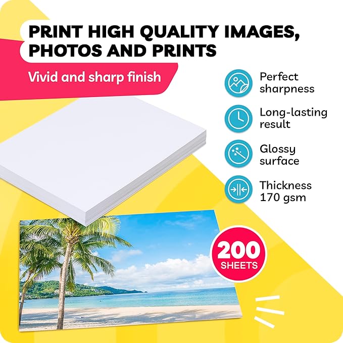 Glossy Photo Paper For Printer 8.5 x 11" - (200 Sheets) - Works with Inkjet Printer, Easy to Use, Excellent Picture Paper