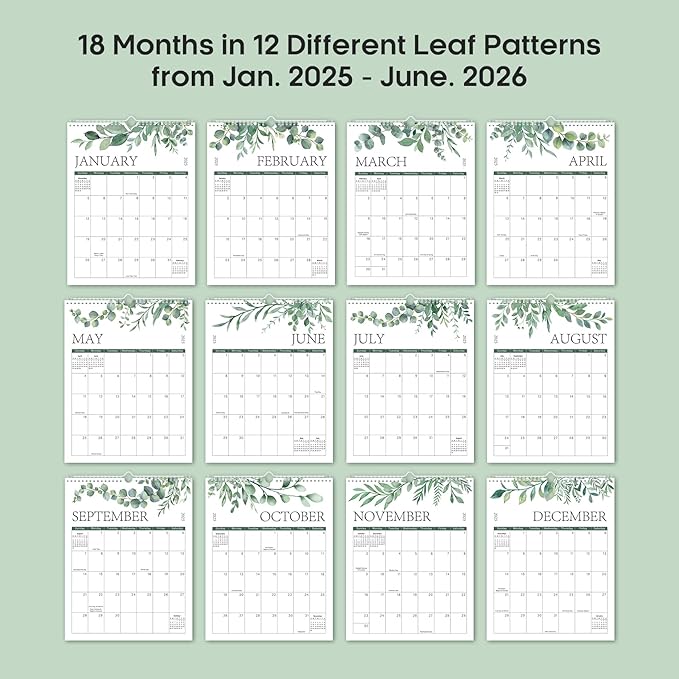 2025 Wall Calendar, Monthly Wall Calendar from January 2025 to June 2026, 14.7" x 11.5", Spiral Binding Hanging Wall Calendar, Perfect for Home or Office, Greenery Design