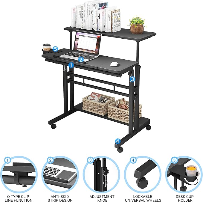 Panta Mobile Standing Desk, Adjustable Rolling Computer Desk with 3 Desktops, Portable Laptop Table with Desk Cup Holder, Home Office Laptop Workstation on Lockable Wheels, Black