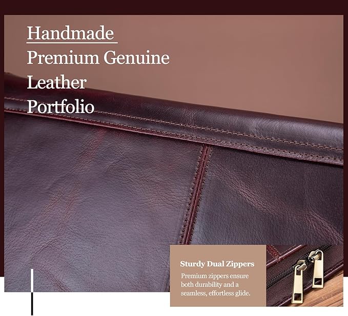 Genuine Leather Portfolio with 3 Ring Binder, Full Grain Leather Padfolio Zippered, A4 Notebook Holder Laptop Sleeve Professional Folder Organizer Gift for Men and Women, Dark Brown, Oil Tanned