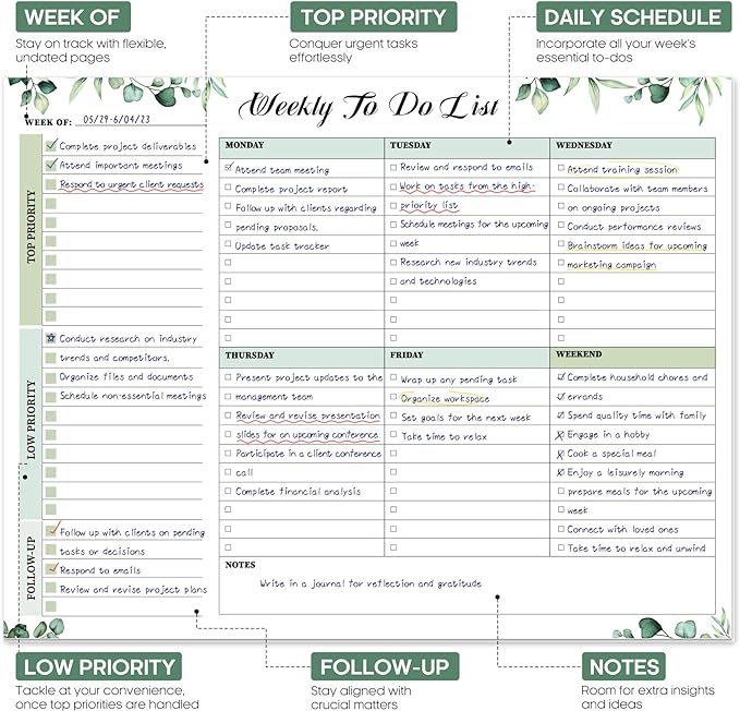 Weekly To Do List Notepad with 52 Tear Off Sheets(8.5"×11")- Undated Weekly Desk Planner for Women & Man,Work and Home-Serene Green