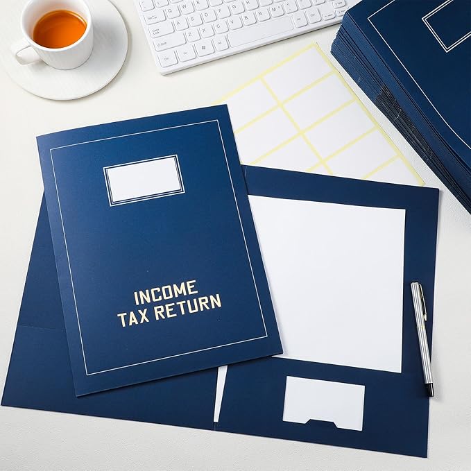 Kisston 100 Pcs Tax Return Folders Bulk 2 Pocket Gold Foil Stamped Income Tax Folders with Blank Labels Business File Office Organizer (Blue)
