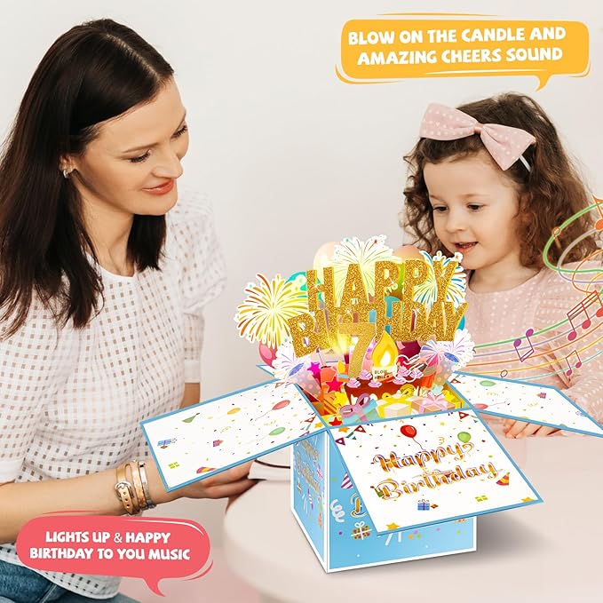 Tnvee 7TH Birthday Cards with Lights Music, 3D Pop Up Singing Happy Birthday Greeting Cards Gifts Ideal for 7 Year Old Kids Boy Girl