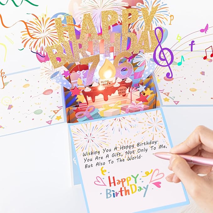 Tnvee 76TH Birthday Cards with Lights & Music & Candle, 3D Large Pop Up Happy Birthday Cards for Women Man Greeting Cards Decorations for 76 Years Old Mom Dad Grandparents