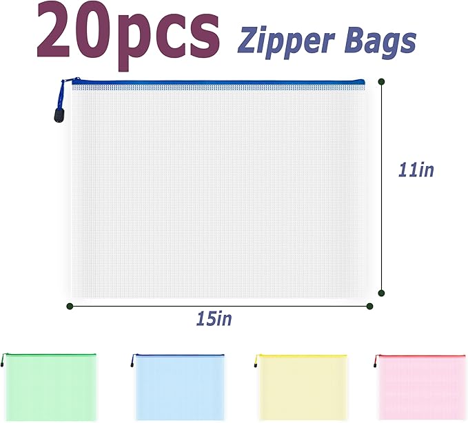 AUSTARK 20Pcs Board Games Storage Bags, PVC Mesh Zipper Pouches, Zippered File Bags, Plastic Waterproof Storage Bags for Office School Home Travel Cosmetic (B4 Size 15 x 11 Inches, Multicolored)