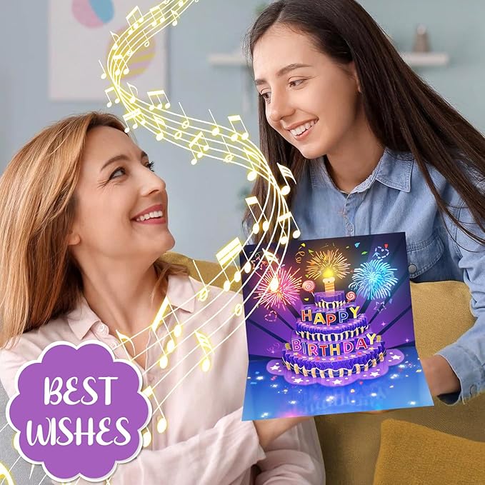 Fireworks Birthday Cards, 3D Pop Up Blowable Cake Greeting Cards with Lights Music, Happy Birthday Gifts for Women Men Kids Mom Dad Grandma