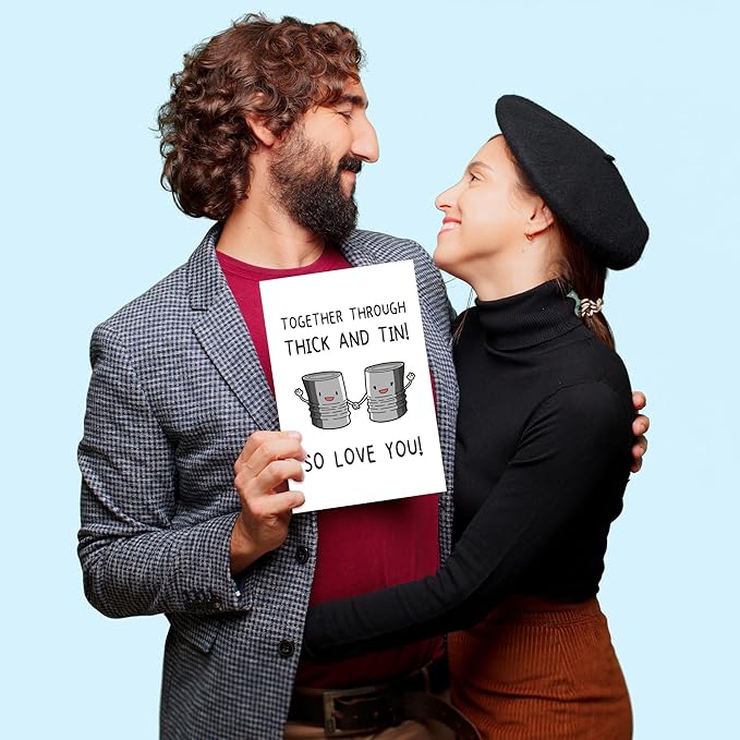 Romantic Anniversary Card for Husband Wife, Funny Birthday Card for Him Her, Cute Wedding Anniversary Card for Women Men, 'Together Through Thick and Tin Love You'