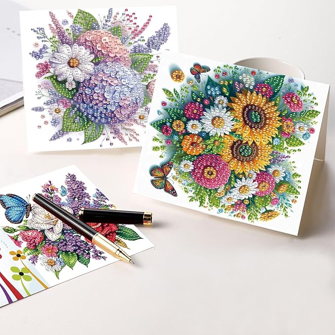 8 Packs Diamond Art Painting Greeting Card Kit Diamond Art Greeting Cards Special Shaped Diamond Painting Greeting Card Arts Crafts for Christmas Birthday Thanksgiving Day Holiday (Flowers 30x15cm)